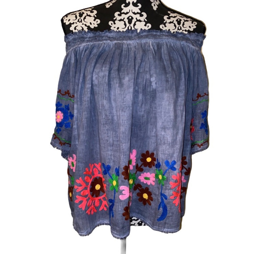 Ruby Yaya Blue Off The Shoulder Embroidered Top